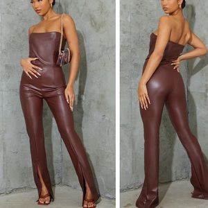 Chocolate pu bandeau split hem jumpsuit